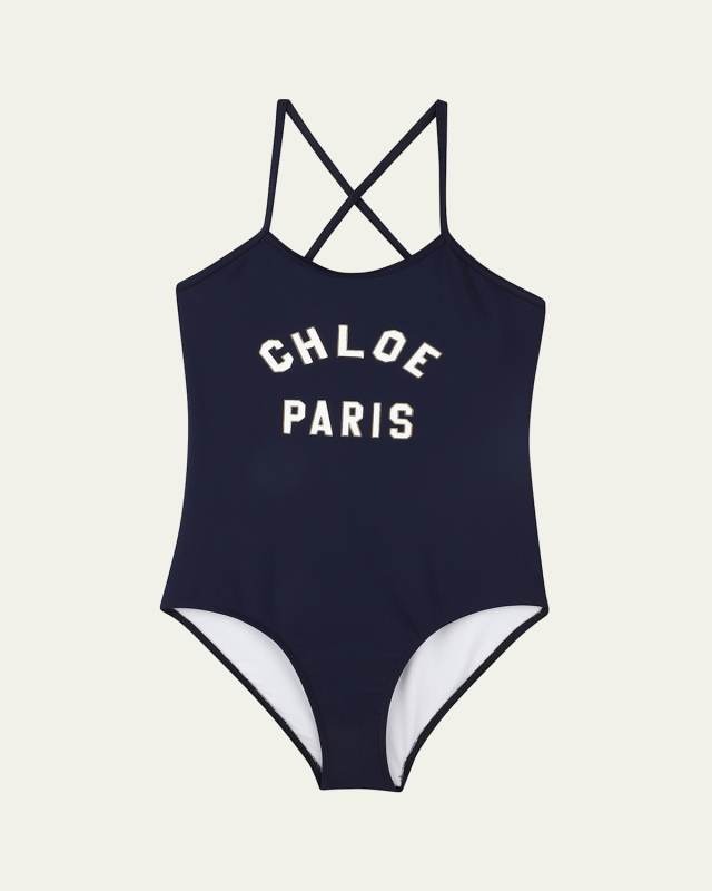 Girl's One Piece Logo-Print Swimsuit, Size 8-14